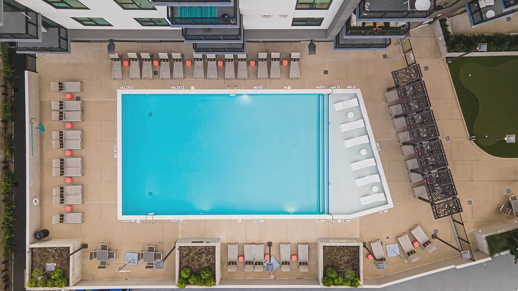 aria pool overhead view drone 008 - atlanta's commercial photographer color photograph of the pool at aria atlanta photographed by architectural photographer karen images