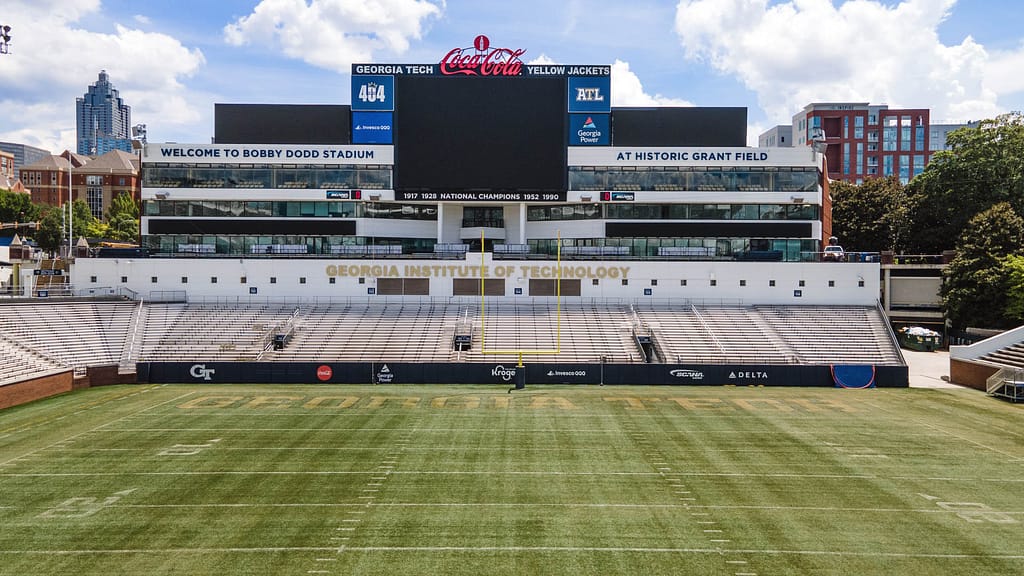 bobby dodd stadium drone 009 - atlanta's commercial photographer aerial drone photograph of georgia tech's bobby dodd field in downtown atlanta by drone photographer karen images