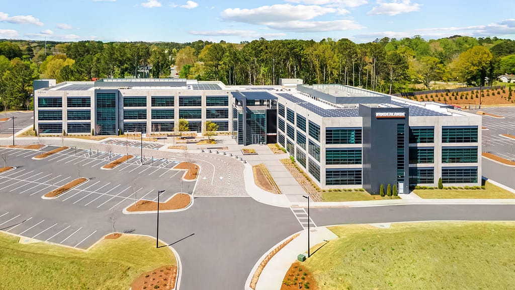 vanderlande_drone_karen images 2022 - 04 - atlanta's commercial photographer aerial photograph of southern facade of the vanderlande corporate headquarters in kennesaw, georgia by drone photographer karen images