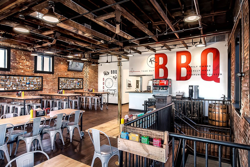 interior design photography of bbq restaurant 01 - atlanta's commercial photographer architectural photograph of the interior design of the upstairs of firehouse bbq in downtown atlanta by architectural photographer karen images