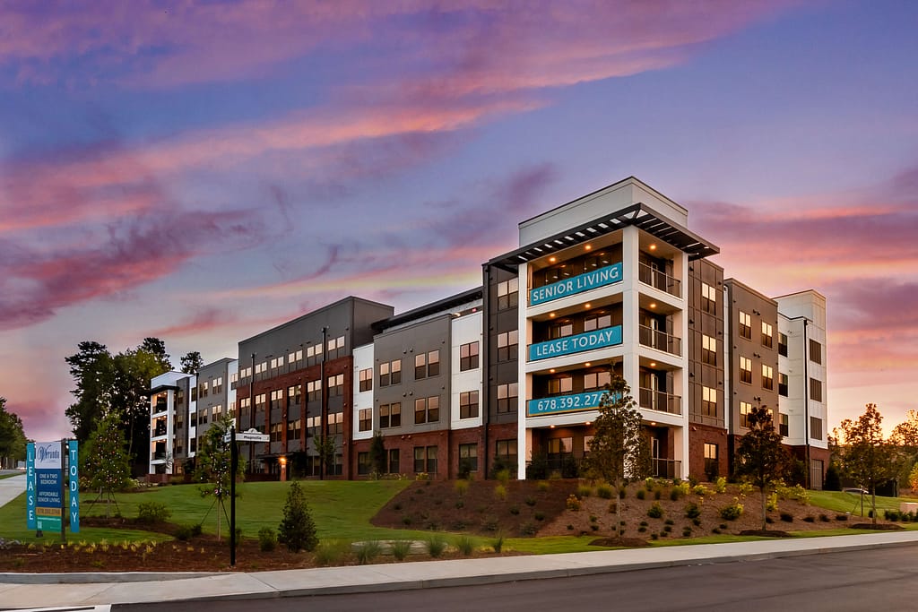 13 - mcshane_the veranda at assembly - atlanta's commercial photographer exterior of the veranda at assembley photographed at sunrise a kitchen in a one bedroom model home at crofthouse photographed by architectural photographer karen images
