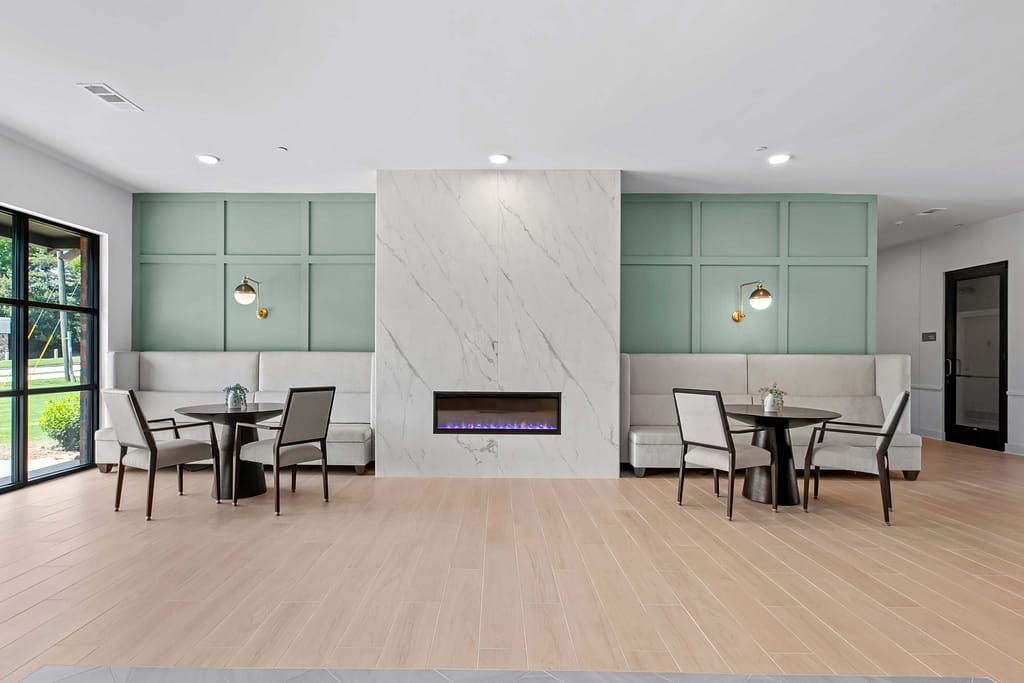 18 - mcshane_the veranda at assembly - atlanta's commercial photographer cafe tables at the veranda at assembly a kitchen in a one bedroom model home at crofthouse photographed by architectural photographer karen images