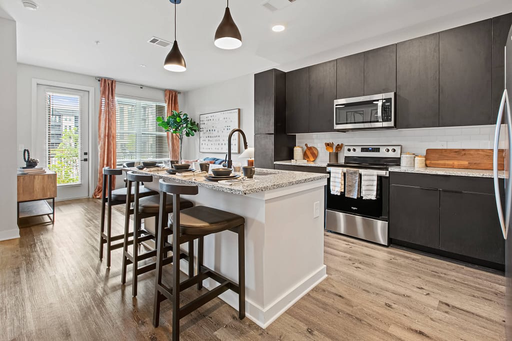 48 - oslo_one bedroom_mcshane construction_karen images 2024 -_ - atlanta's commercial photographer kitchen in a 1 bedsroom apartment at oslo by architectural photographer karen images