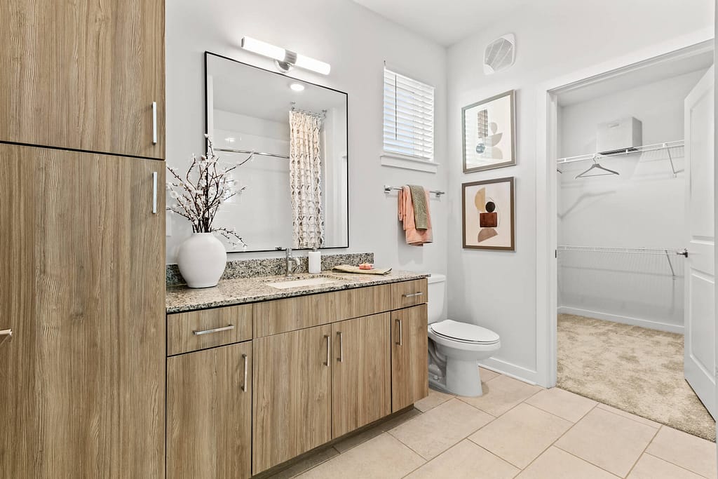54 crofthouse_two bedroom_bathroom 1_karen images_2024 - 01 copy - atlanta's commercial photographer a bathroom in a two bedroom model home at crofthouse photographed a kitchen in a one bedroom model home at crofthouse photographed by architectural photographer karen images