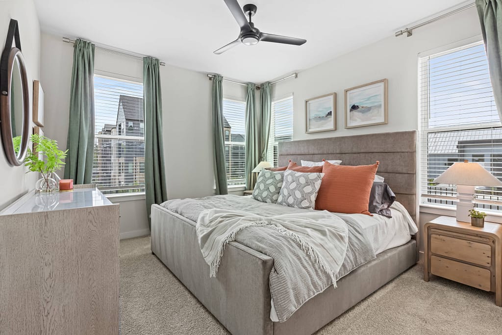 64 - oslo_two bedroom_mcshane construction_karen images 2024 -_ - atlanta's commercial photographer bedroom of a two bedroom model home at oslo by architectural photographer karen images