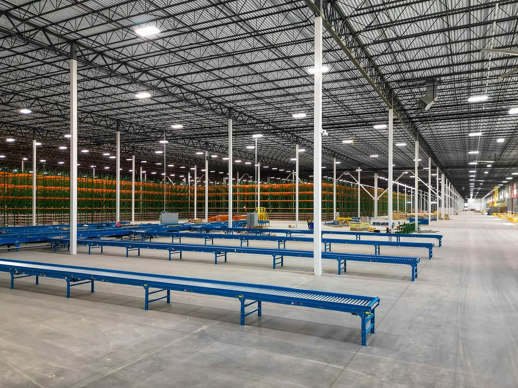 shipping conveyors drone - atlanta's commercial photographer aerial photograph inside a distribution warehouse in savannah georgia taken with a drone by drone photographer karen images