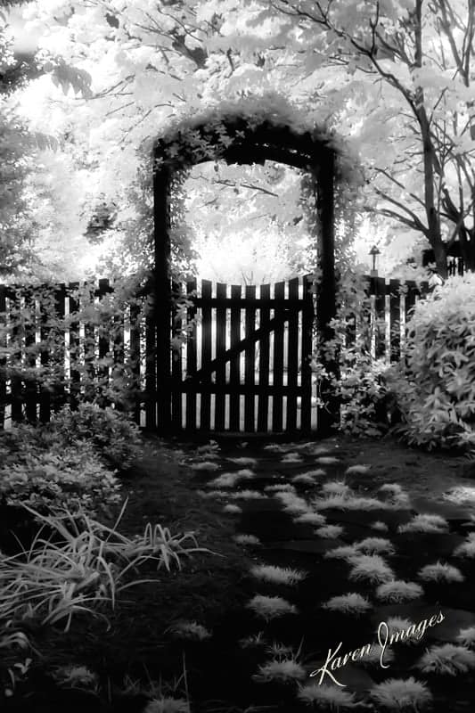 gate at 1717_college_park_atlanta_ga_black_white_infrared - atlanta's commercial photographer a black and white infrared image of fine art photography of a gate on rugby avenue in college park, georgia photographed by atlanta fine art photographer karen images