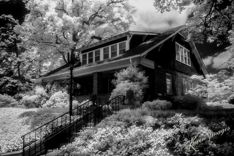 rugby ave pineapple house_college_park_atlanta - atlanta's commercial photographer a black and white infrared image of fine art photography of a home on rugby avenue in college park, georgia photographed by atlanta fine art photographer karen images