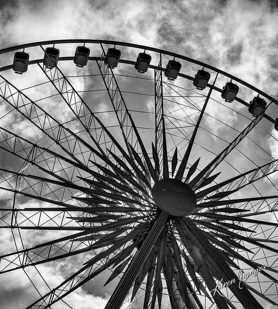 photographed by atlanta fine art photographer karen images a black and white image of fine art photography of the skywheel in atlanta, georgia photographed by atlanta fine art photographer karen images
